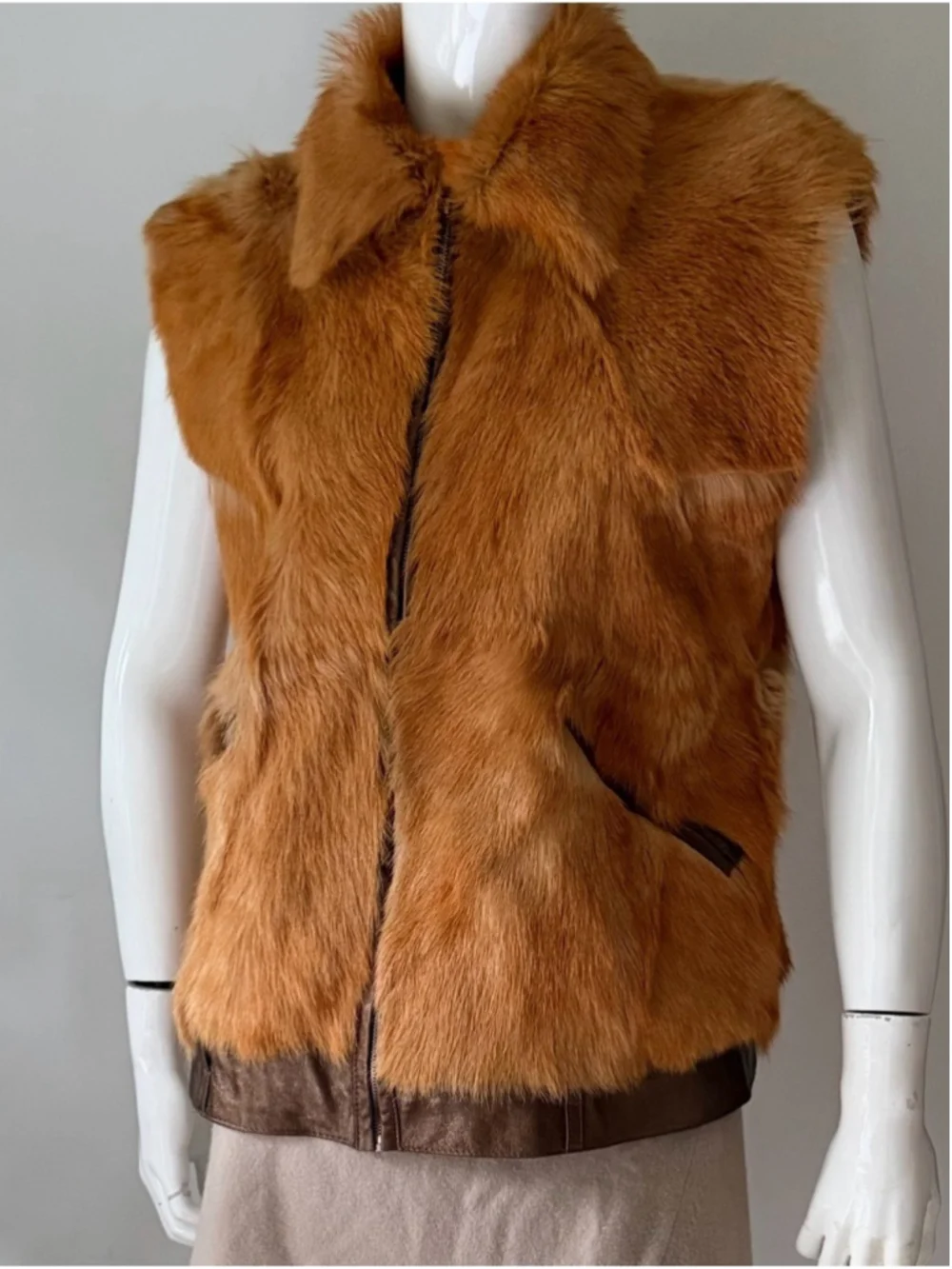 Vintage Genuine Fur Leather Trim Vest Brown Caramel Statement Gilet